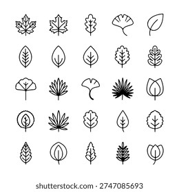 a set of 25 different leaf icons in black and white, arranged in five rows of five, on a plain white background