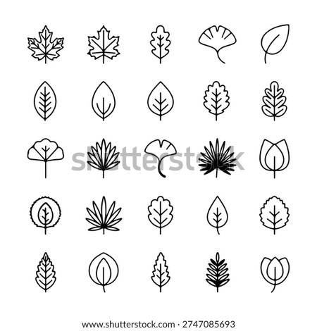a set of 25 different leaf icons in black and white, arranged in five rows of five, on a plain white background