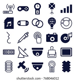 Set of 25 digital filled and outline icons such as security camera, cpu, camera, portable console, tablet, memory card with music, globe download, disc and music note