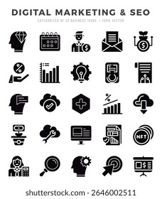 Set of 25 Digital Marketing and SEO Glyph Icons Pack.