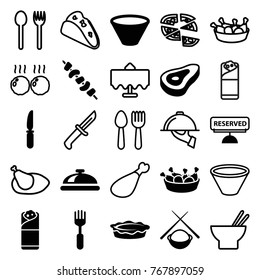 Set of 25 dinner filled and outline icons such as beef, dish, chicken leg, burrito, pie, kebab, knife, fork, reserved, bowl, asian food, spoon and fork, restaurant table