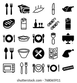 Set of 25 dinner filled and outline icons such as spoon and fork, restaurant table, burrito, pie, chicken, meat leg, beef, reserved, knife, menu, meat, kebab, bowl
