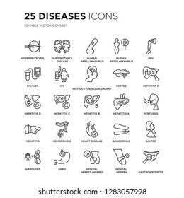 Set von 25 Krankheiten linearen Symbolen wie Hypermetropie, Huntington's disease, Human Papillomavirus (HPV), Vektorgrafik der trendigen Icon Pack. Zeilensymbole mit dünner Linie.