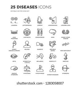 Set of 25 Diseases linear icons such as Leukemia, Leptospirosis, Leprosy, Leishmaniasis, Legionellosis, Kidney stone disease, vector illustration of trendy icon pack. Line icons with thin line stroke.