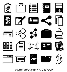 Set of 25 document filled and outline icons such as passport, binder, folder, notebook, medical clipboard, share, news, cupboard, case, checklist, stamp, clipboard, document
