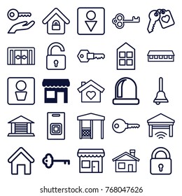 Set of 25 door outline icons such as store, key, sliding doors, man wc, house building, lock, opened lock, window, barn, male wc, house with heart, gazebo, heart key
