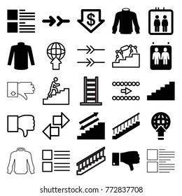 Set of 25 down filled and outline icons such as elevator, dollar down, sweater, stairs, dislike, globe download, arrow, menu, man climbing stairs