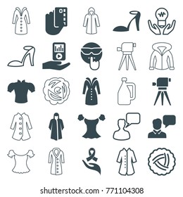 Set of 25 drawn filled and outline icons such as heel sandals, overcoat, blouse, cool emot, credit card in hand, ribbon on hand, nest, chatting man, theodolite