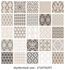 Conjunto de 25 estilos orientales sin problemas.Antecedentes antiguos motivos otomanos tradicionales. Decoración de estilo étnico mosaico. Los adornos orientales. Ilustración del vector