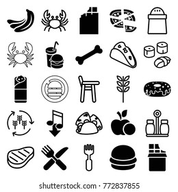 Set of 25 eat filled and outline icons such as banana, chocolate, donut, pizza, burrito, burger and drink, fork and knife, harvest, crab, wheat, baby chair, taco, pepper, fork