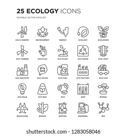 Set of 25 Ecology linear icons such as Eolic energy, Environment, Energy, Ecology, Ecologism, Eco light, car, Bonsai, vector illustration of trendy icon pack. Line icons with thin line stroke.