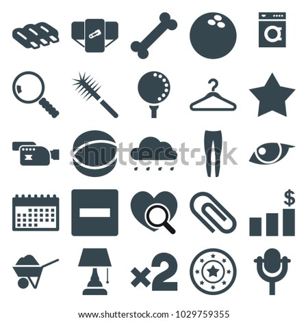 Set of 25 editable filled single icons such as sausage, diaper, casino chip, underpants, minus, bone, star, calendar, atom, microphone, clip, golf ball