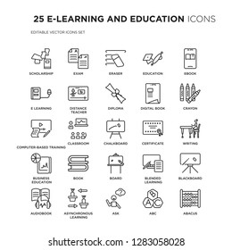 Set of 25 E-LEARNING AND EDUCATION linear icons such as scholarship, Exam, Eraser, Education, Ebook, Crayon, Writing, vector illustration of trendy icon pack. Line icons with thin line stroke.
