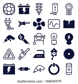 Set of 25 electric filled and outline icons such as iron, blade saw, battery, drill, electric saw, guitar, fan, plug in power socket, switch off, broken battery, bulb