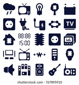Set of 25 electrical filled icons such as plug socket, cpu, bulb, tv, cpu in house, electricity, radio, tv, loud speaker set, loudspeaker, guitar, loud speaker with equalizer