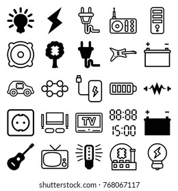 Set of 25 electrical filled and outline icons such as bulb, cpu in tree, electricity, guitar, plug, battery, flash, digital time, cpu, cpu in car, tv, radio, baterry, speaker