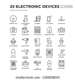 Set of 25 Electronic devices linear icons such as Compact disc, Cold-pressed juicer, Charger, cell phone, ceiling fan, Boombox, vector illustration of trendy icon pack. Line icons with thin line