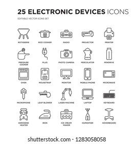 Set of 25 Electronic devices linear icons such as rotisserie, Rice cooker, Radio, Projector, Printer, Pendrive, Microwave, vector illustration of trendy icon pack. Line icons with thin line stroke.