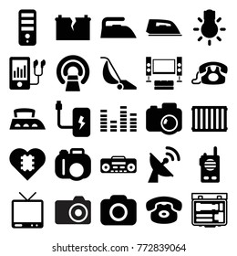 Set of 25 electronics filled icons such as iron, cpu, camera, desk phone, mri, cpu in heart, tv, equalizer, mp3 player, record player, camera bulb, radiator, broken battery