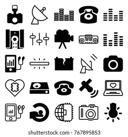 Set Of 25 Electronics Filled And Outline Icons Such As Desk Phone, Mri, Dvd Player, Equalizer, Mp3 Player, Camera, Camera Bulb, Broken Battery, Satellite, Cpu In Heart