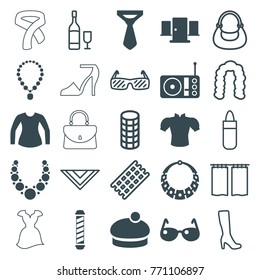 Set of 25 elegance filled and outline icons such as blouse, tie, woman hat, radio, necklace, door, sunglasses, hair curler, hairstyle, lipstick, woman boot, cravat, bag