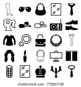 Set of 25 elegance filled and outline icons such as lipstick, window, man shoe, tie, bag, woman hat, radio, candlestick, curtain, necklace, crown, sunglasses, female