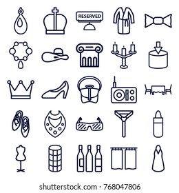 Set of 25 elegance outline icons such as greek column, lipstick, necklace, hair curler, earring, mannequin, dress, tie, bow tie, bag, woman hat, entrance, woman shoe, radio