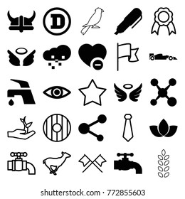 Set of 25 emblem filled and outline icons such as wings, tap, share, minus favorite, eye, sport car, pen, defragmentation, helmet, antelope, star, tie, ribbon, flag