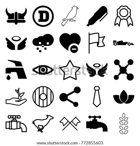 Set of 25 emblem filled and outline icons such as wings, tap, share, minus favorite, eye, sport car, pen, defragmentation, helmet, antelope, star, tie, ribbon, flag