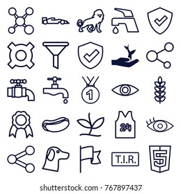 Set of 25 emblem outline icons such as plant on hand, lion, tap, shield, filter, medal, wolf, hot dog, illustrgeneric currencyation, plant, share, tir, eye, ribbon