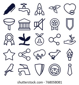 Set of 25 emblem outline icons such as plant, pen, antelope, sparrow, rocket, tap, medal, filter, wheel, tie, minus favorite, star, share, no sound, shield, ribbon