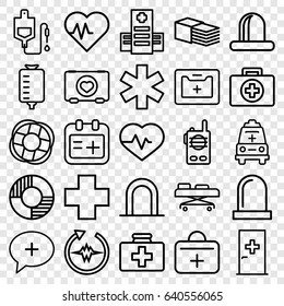 set of 25 emergency outline icons such as siren, aid post, heartbeat, case with heart, first aid kit, hospital, drop counter, medical sign, bandage