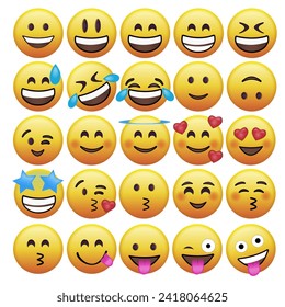 conjunto de 25 iconos de sonrisa emoticono. 3.ª emoción alrededor de la cara. conjunto de emoticonos de dibujos animados. emojis, emojis sonrientes, emojis de amor, iconos amarillos, emoticono, vector, ilustración, emojis lindos, colección