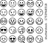 Set of 25 emoticons describing different emotions, some with face masks. Black outline on a white background.
