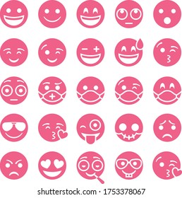 Simleys Emoticons (glifo rosado) con máscara médica incluida es un conjunto de sonrisas geniales y lindas que describen diferentes emociones como feliz, alegre, emocionada, coqueteando, drogada, sonriente de cráneo, máscara médica...