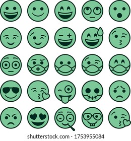 Set of 25 emoticons describing different emotions, some with face masks. Isolated icons (green filled) on a white background.