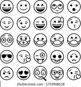 Set of 25 emoticons describing different emotions, some with face masks. Black outline on a white background.