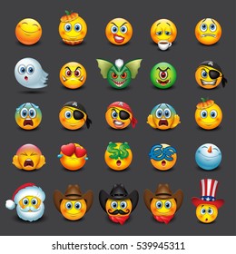 Set of 25 emoticons, emoji, smiley - vector illustration