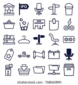Set of 25 empty outline icons such as office chair, direction, parcel, bucket, hanger, folder, shopping basket, tag, stage, endless battery, ad, shopping bag, box, no charge