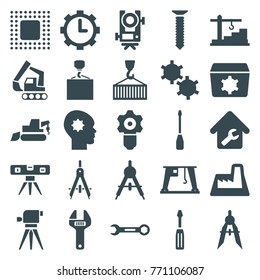 Set of 25 engineering filled icons such as compass, level equipment, screwdriver, excavator, hook with cargo, level ruler, gear keyhole, cargo on hook, cargo crane