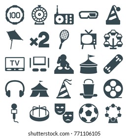 Set of 25 entertainment filled icons such as child playground carousel, kite, roulette, movie tape, mask, carousel, circus, 3d glasses, party hat, dj, tv, microphone, radio