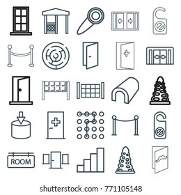 Set of 25 entrance outline icons such as fence, sliding doors, aid post, tunnel, door, red carpet barrier, do not disturb, gazebo, entrance, labyrinth, stair, room tag