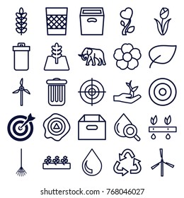 Set of 25 environment outline icons such as target, mill, trash bin, elephant, recycle, box, leaf, plant, rake, sprout plants, flower, drop under magnifier, arrow up