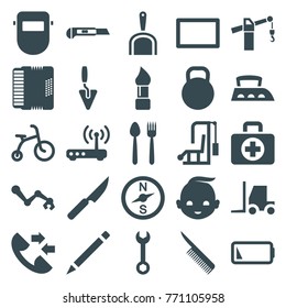 Set of 25 equipment filled icons such as child bicycle, brush, wrench, tractor, welder mask, pen, compass, plate fork and knife, gym equipment, cutter, robot arm, harmonic