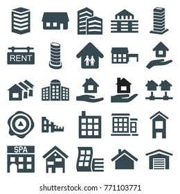 Set of 25 estate filled icons such as modern curved building, building   isolated  sign symbol, home care, house, arrow up, home, family home, rent tag, garage