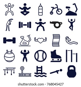 Set of 25 exercise filled and outline icons such as child bicycle, man doing exercises, yoga, swimming ladder, push up, barbell, bodybuilder, baseball, exercising