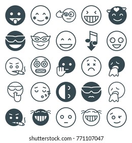 Set of 25 expression filled and outline icons such as emot in sun glasses, cool emot in sunglasses, blush, emoji in mask