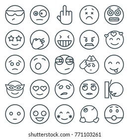 Set of 25 expression outline icons such as crazy emot, laughing emot, blush, emoji in mask, happe emoji with star eyes