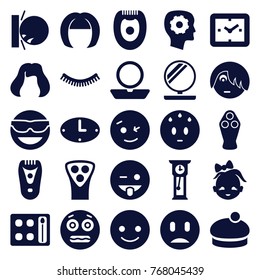 Set of 25 face filled icons such as eyelash, powder, eyeshadow palette, hairstyle, electric razor, woman hat, gear in head, smiling emot, wink emot, emoji showing tongue