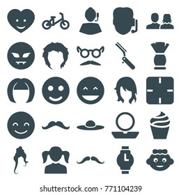 Set of 25 face filled icons such as baby girl, child bicycle, mustache, man and woman, girl, woman hairstyle, powder, cream, hairstyle, woman hat, mustache and glasses, smile
